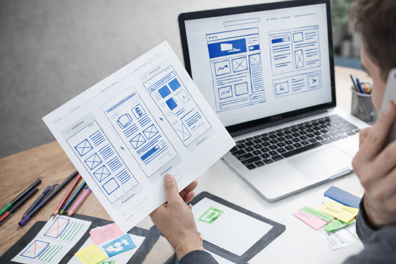 Graphiste travaillant sur la conception d’un site Internet, maquettes web et structure de pages sur bureau professionnel